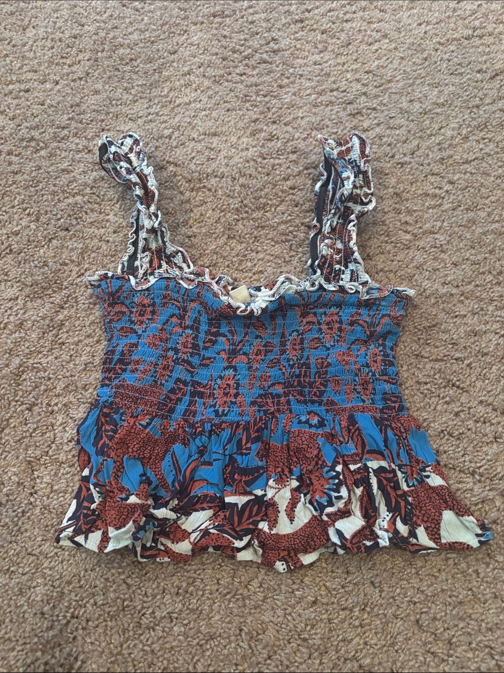 miami Blue and Brown Smocked Ruffle Crop Top